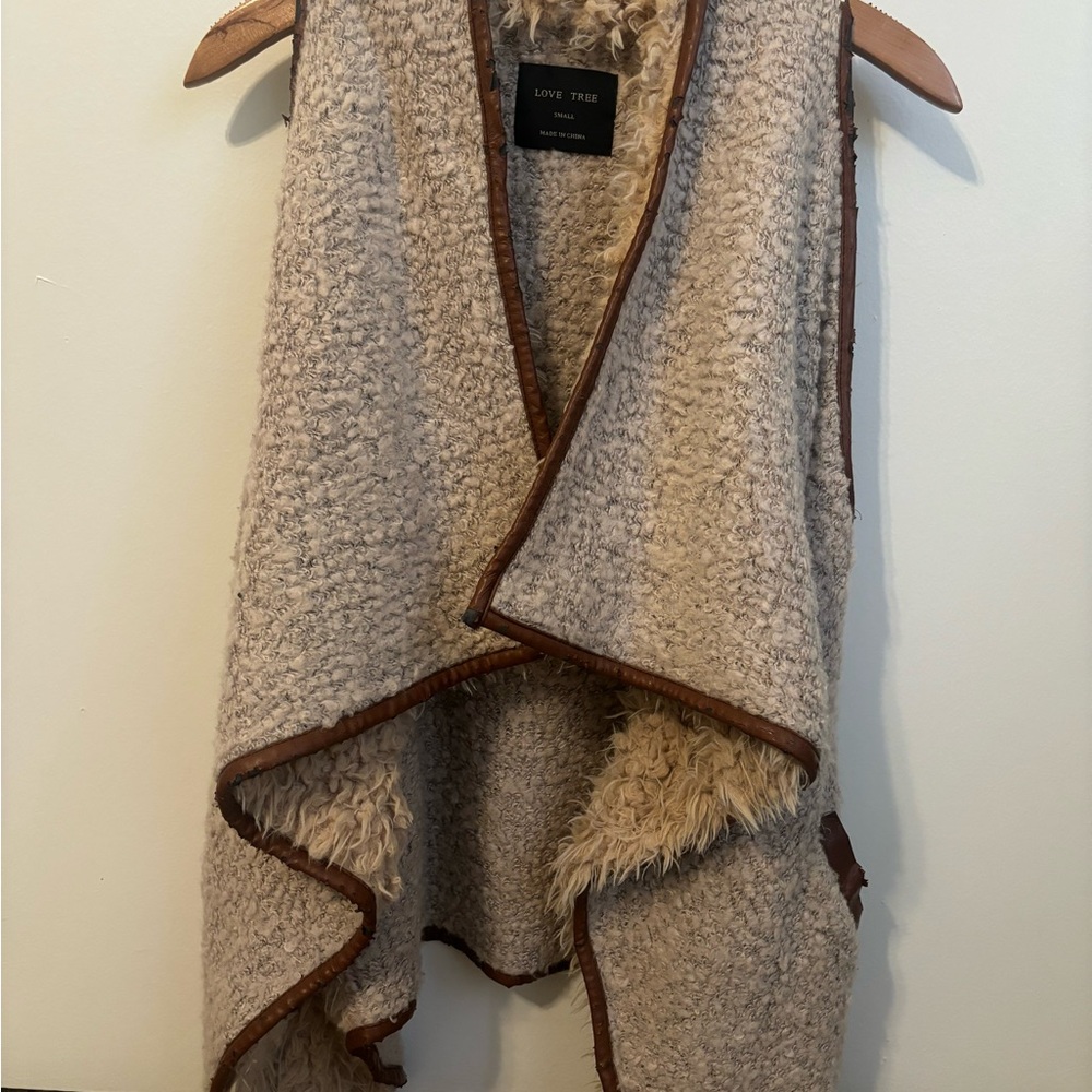 Love Tree Cream Faux Shearling Vest with Brown Trim